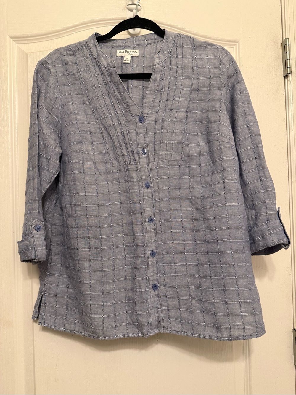 Kim Rogers Petite PS Linen Blend Blouse Blue Grid 3/4 Roll Tab Sleeve Tunic Top